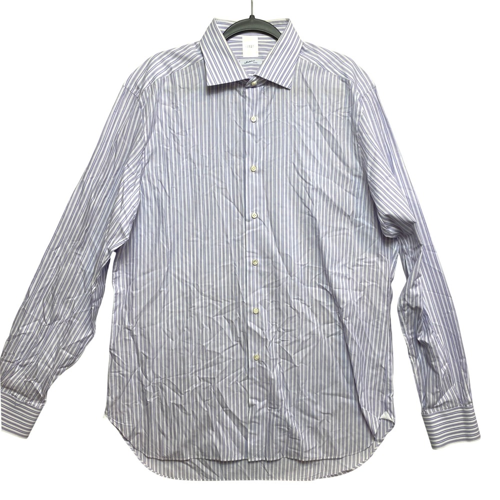 Mattabisch Napoli Dress Shirt Mens 17.5 44 Purple White  Button Up Long Sleeve